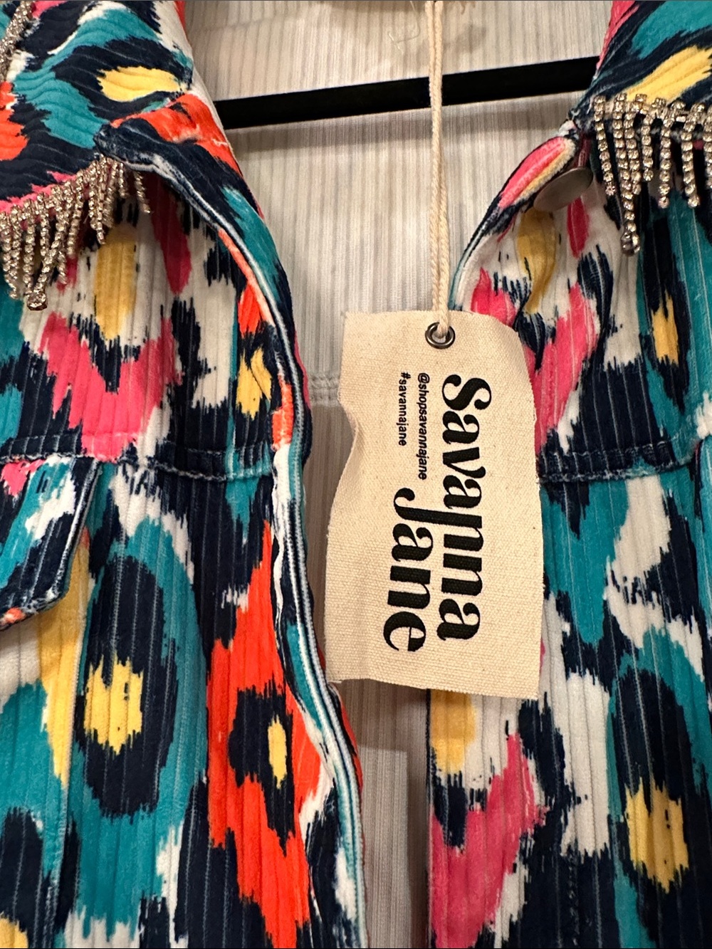 Savanna Jane Colorful Ikat Print rhinestone Fringe Collar Jacket Ix